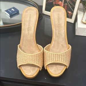 Veronica Beard Tan Sandals with Open Toe and Medium Heel